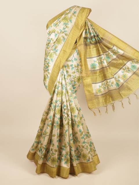 

Pothys Cream-Coloured & Green Floral Zari Jute Silk Saree