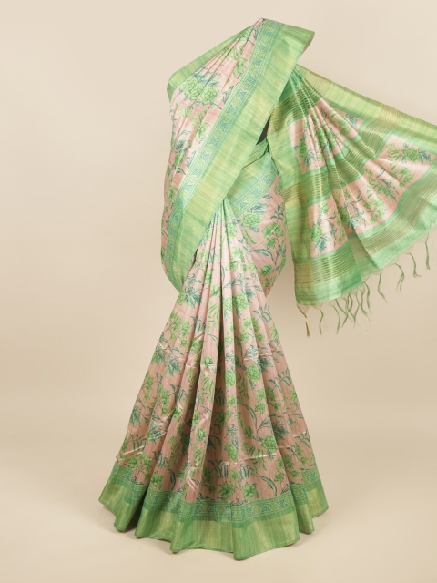 

Pothys Pink & Green Floral Zari Jute Silk Saree