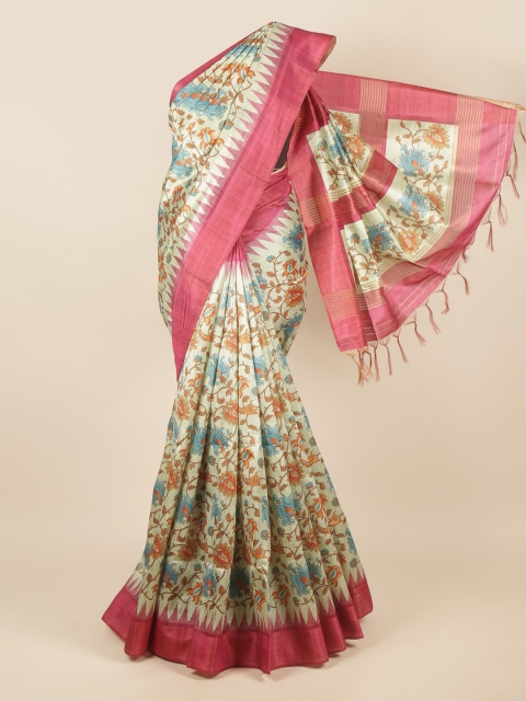 

Pothys Green & Pink Floral Printed Jute Silk Saree
