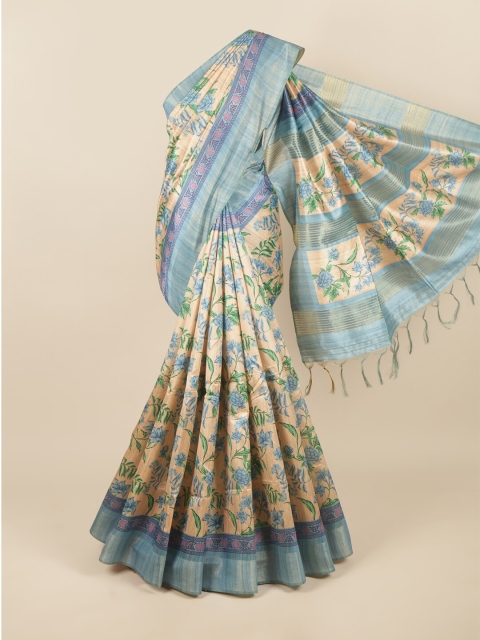 

Pothys Cream-Coloured & Blue Floral Zari Jute Silk Saree
