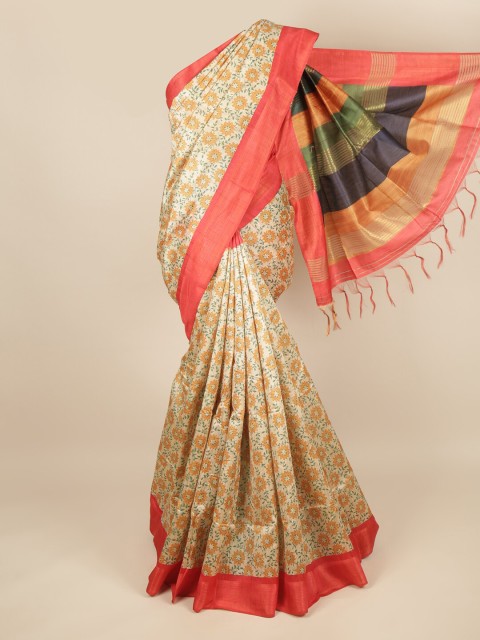 

Pothys Cream-Coloured & Orange Floral Printed Jute Silk Saree