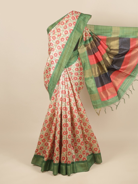 

Pothys Cream-Coloured & Green Ethnic Motifs Zari Jute Silk Saree