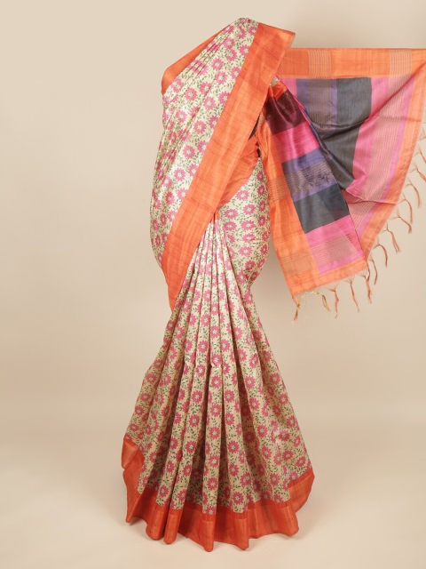

Pothys Cream-Coloured & Pink Ethnic Motifs Zari Jute Silk Saree