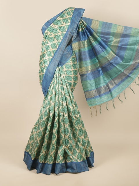 

Pothys Cream-Coloured & Green Ethnic Motifs Zari Jute Silk Saree