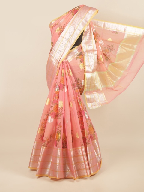 

Pothys Peach-Coloured & Silver-Toned Floral Printed Zari Saree