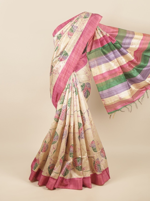 

Pothys Cream-Coloured & Pink Ethnic Motifs Zari Jute Silk Saree