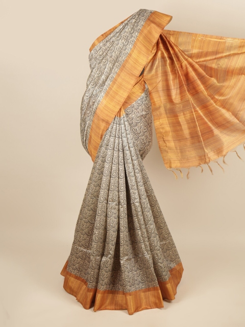 

Pothys Cream-Coloured & Orange Printed Jute Silk Saree