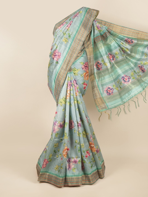 

Pothys Green & Pink Floral Jute Silk Saree