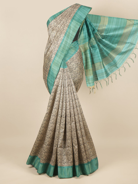 

Pothys Cream-Coloured & Blue Printed Jute Silk Saree