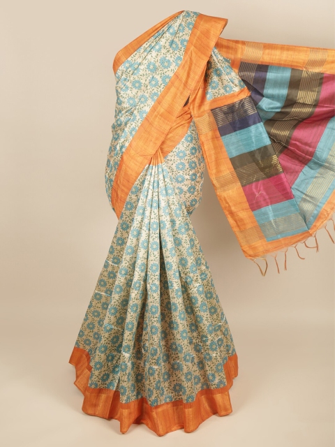 

Pothys Cream-Coloured & Blue Floral Printed Jute Silk Saree