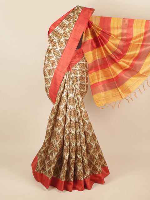 

Pothys Cream-Coloured & Red Floral Jute Silk Saree