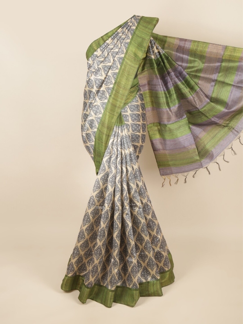 

Pothys Cream-Coloured & Grey Floral Zari Jute Silk Saree