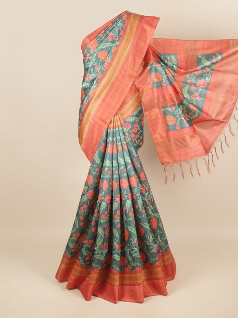 

Pothys Green & Pink Floral Zari Jute Silk Saree