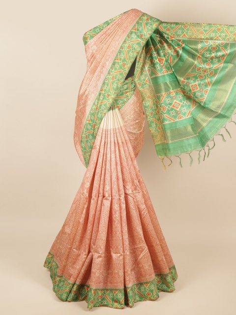

Pothys Peach-Coloured & Green Ethnic Motifs Printed Jute Silk Saree