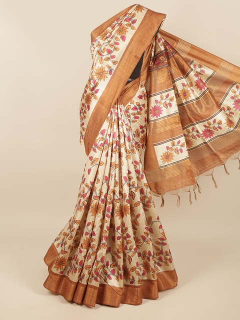 

Pothys Cream-Coloured & Brown Floral Zari Jute Silk Saree