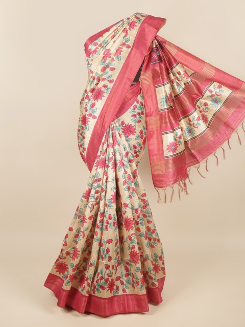 

Pothys Cream-Coloured & Pink Floral Jute Silk Saree