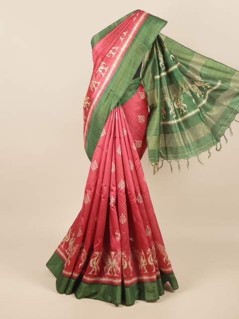 

Pothys Pink & Green Ethnic Motifs Printed Jute Silk Saree