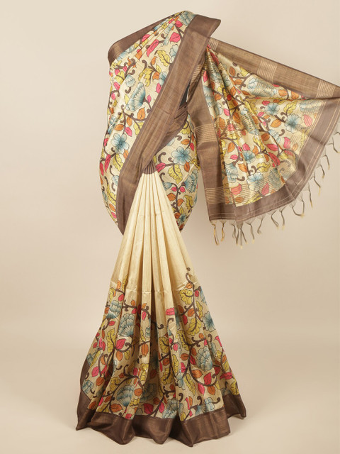 

Pothys Cream-Coloured & Brown Floral Printed Jute Silk Saree