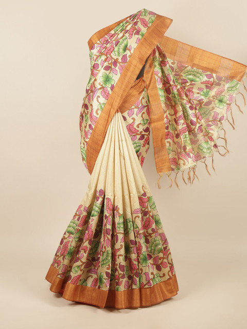 

Pothys Cream-Coloured & Green Floral Jute Silk Saree