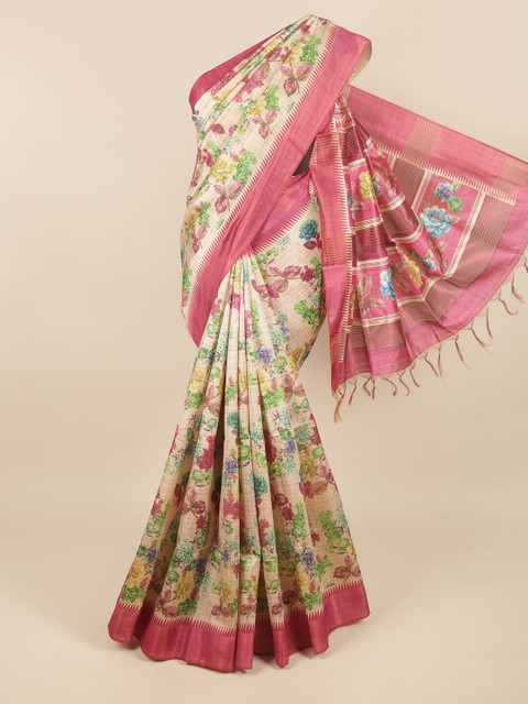 

Pothys Cream-Coloured & Pink Floral Jute Silk Saree