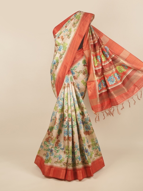 

Pothys Cream-Coloured & Orange Floral Printed Jute Silk Saree