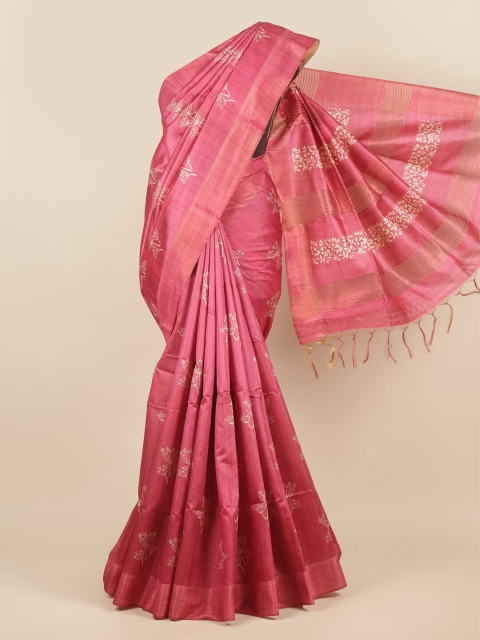

Pothys Pink & Gold-Toned Floral Zari Jute Silk Saree