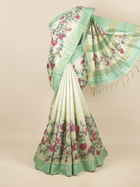 

Pothys Cream-Coloured & Pink Floral Printed Zari Jute Silk Saree