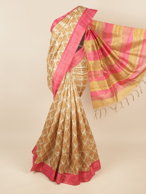 

Pothys Cream-Coloured & Pink Ethnic Motifs Printed Jute Silk Saree