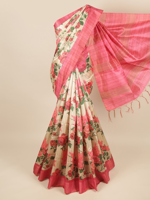 

Pothys Cream-Coloured & Pink Floral Zari Jute Silk Saree
