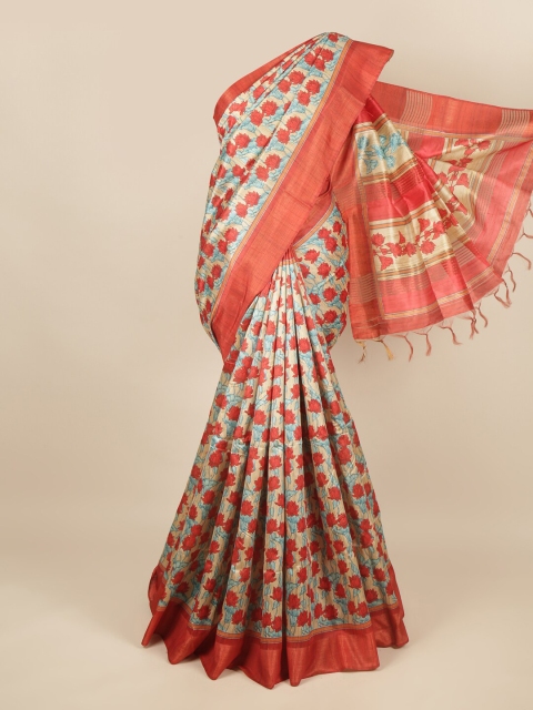 

Pothys Cream-Coloured & Blue Floral Printed Zari Jute Silk Saree