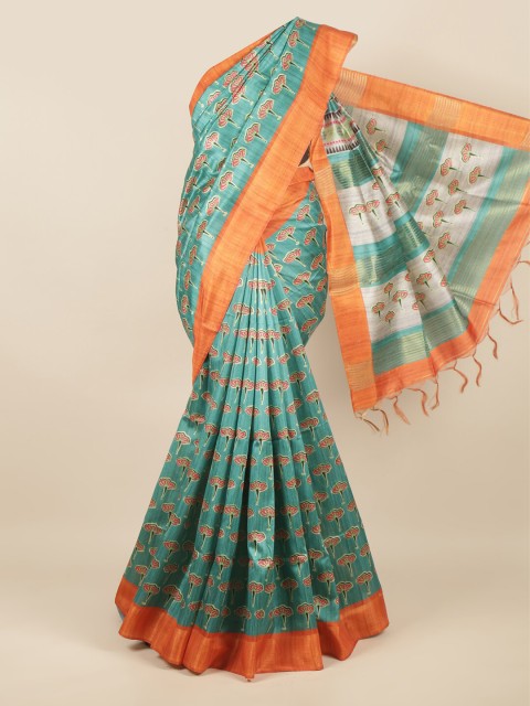 

Pothys Green & White Floral Zari Jute Silk Saree