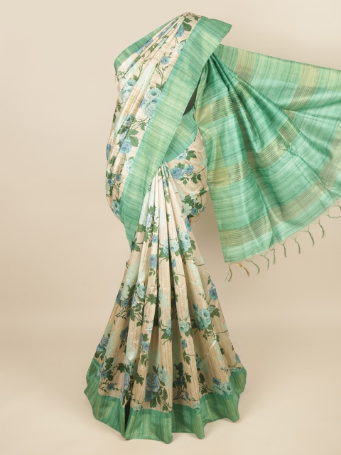 

Pothys Cream-Coloured & Green Floral Printed Jute Silk Saree