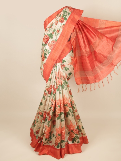 

Pothys Cream-Coloured & Orange Floral Zari Jute Silk Saree