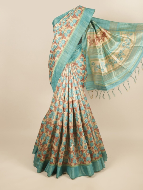 

Pothys Cream-Coloured & Blue Floral Printed Zari Jute Silk Saree
