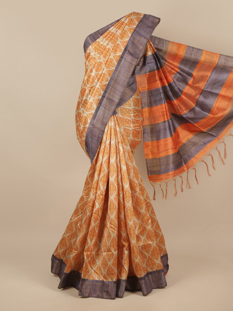 

Pothys Cream-Coloured & Grey Ethnic Motifs Jute Silk Saree