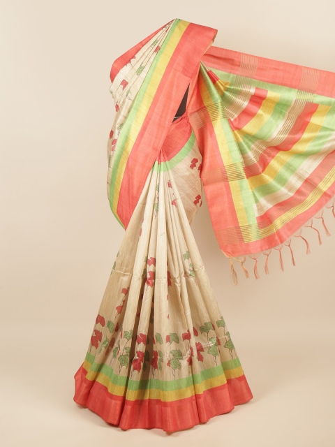 

Pothys Cream-Coloured & Green Floral Printed Jute Silk Saree