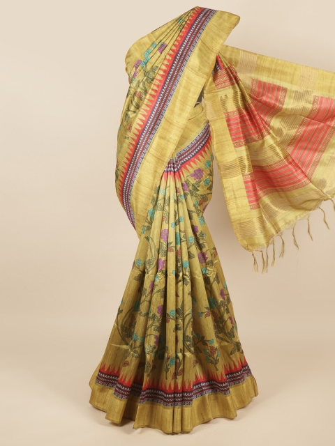 

Pothys Green & Orange Floral Jute Silk Saree