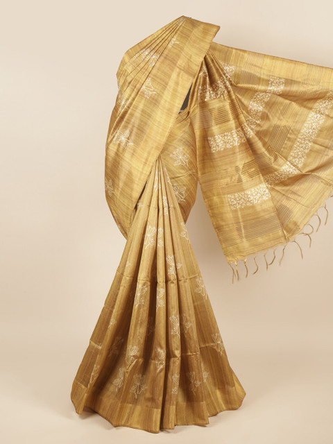 

Pothys Mustrad Floral Printed Jute Silk Saree, Mustard