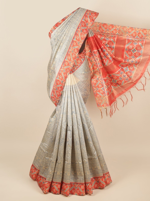 

Pothys Grey & Orange Floral Jute Silk Saree