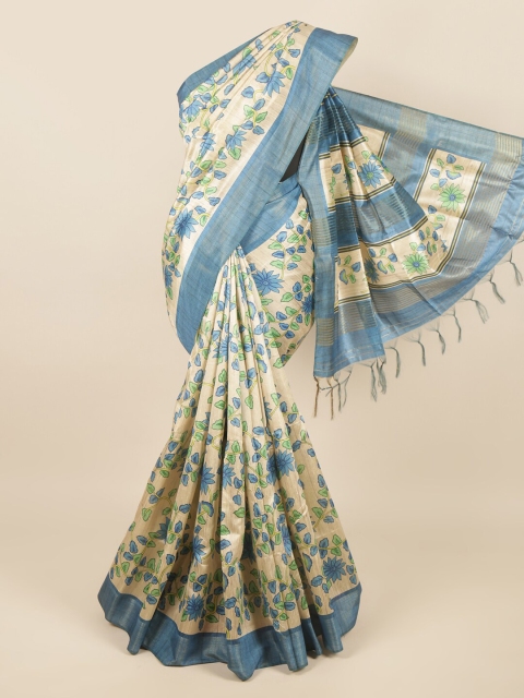 

Pothys Cream-Coloured & Blue Floral Zari Jute Silk Saree