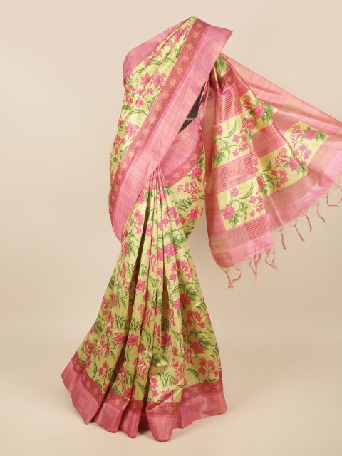 

Pothys Green & Pink Floral Printed Jute Silk Saree