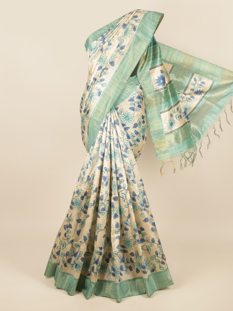 

Pothys Cream-Coloured & Blue Floral Zari Jute Silk Saree
