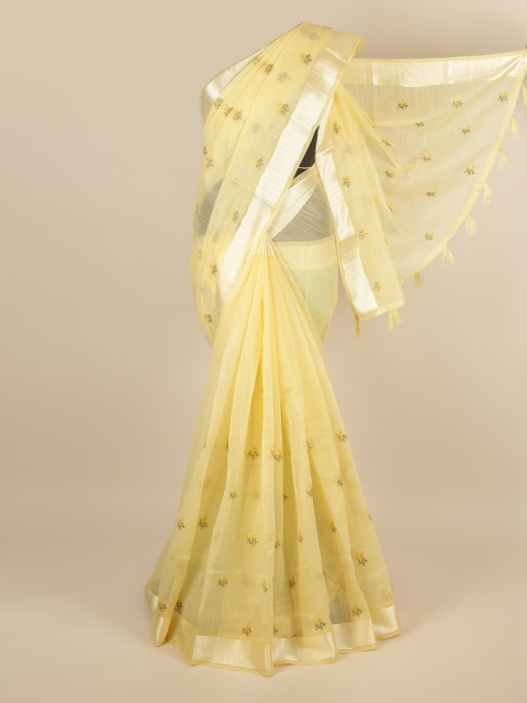

Pothys Yellow & Silver-Toned Floral Embroidered Saree