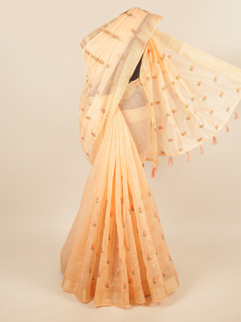 

Pothys Peach-Coloured & Green Floral Embroidered Saree