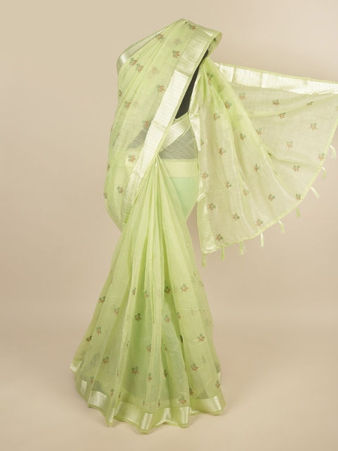 

Pothys Green & Silver-Toned Floral Embroidered Saree