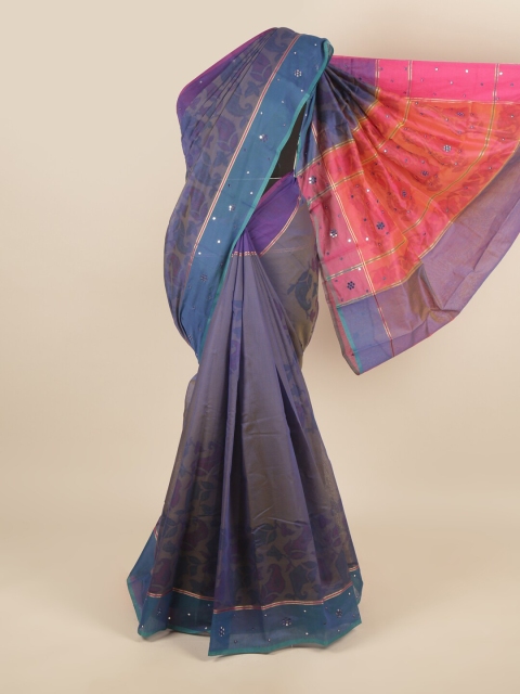 

Pothys Blue & Red Ethnic Motifs Printed Mirror Work Saree