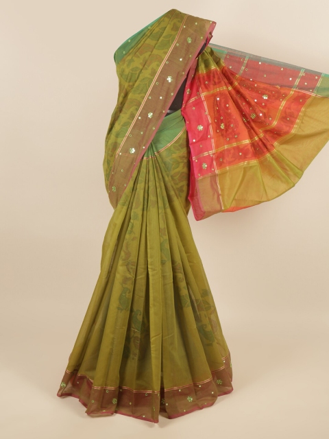 

Pothys Green & Red Ethnic Motifs Mirror Work Saree