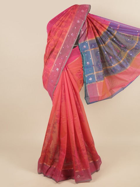 

Pothys Pink & Blue Floral Printed Mirror Work Saree
