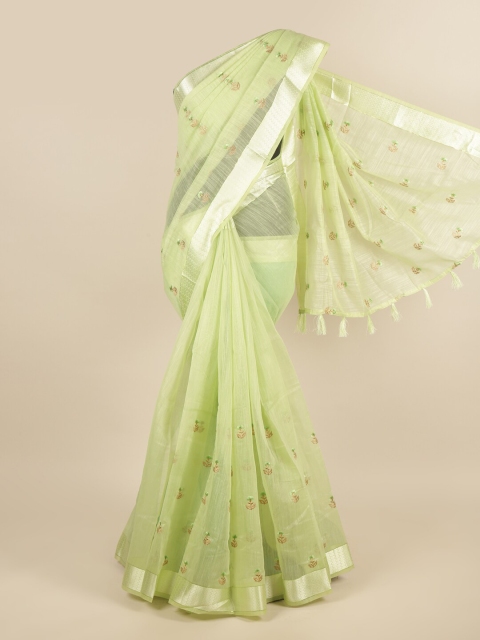 

Pothys Green & Silver-Coloured Ethnic Motifs Embroidered Saree