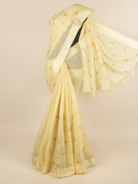

Pothys Yellow & Gold-Toned Floral Embroidered Saree